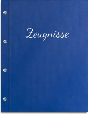 Produktbild von Zeugnismappe im blauen Einband in Lederoptik mit hochwertiger Prägeschrift in silber – handgefertigte Mappe für Zeugnisse inkl. 12 Sichthüllen