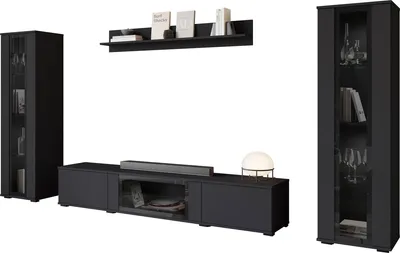 Produktbild von MIRJAN24 Wohnwand Caro, TV-Möbel, Große Anbauwand, Schrankwand, Wohnzimmer-Set (Farbe: Schwarz, ohne Beleuchtung)