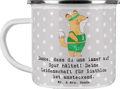 Produktbild von Mr. & Mrs. Panda Teetasse Biathlon Trainerin - Grau Pastell - Geschenk, Sportart, Teebecher, Haferl, Sport Leidenschaft, Sportarten, Emaille Tasse, Danke, Pott, Training