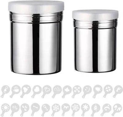 Produktbild von Zwei-teiliger Edelstahl-Puderzuckerspender mit 20-teiliger Schablonen, Kakaosprenger für Cappuccino, Kakaosprenger, Blumenstreuer mit Deckel, Cappuccinosprenger, Blumenstreuer mit Deckel