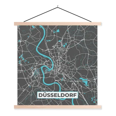 Produktbild von MuchoWow® Textilposter Blau - Deutschland - Karte - Stadtplan - Düsseldorf 60x60 cm mit holzfarbenen Rahmen - Wanddekoration