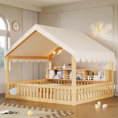 Produktbild von MODFU Hausbett 140 x 200 Kinderbett mit Baldachin, LED-Lichterkette und Bücherregal, Bodenbett Holzbett mit Schutzgitter, ohne Matratze, Natur