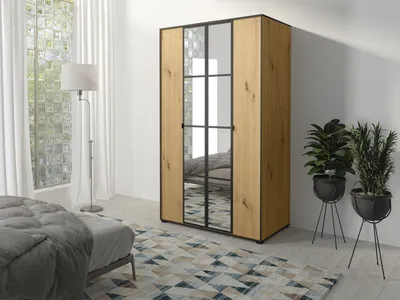 Produktbild von Easy4You OSLO I Artisan Schiebetürenschrank Kleiderschrank 120x206x65 cm mit Spiegel - Schlafzimmermöbel, Aufbewahrung – Mehrzweckschrank mit Kleiderstange