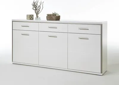 A white sideboard with three doors and three drawers on top, set against a white background.