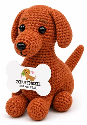 Image de Teckel tricoté à la main - Avec une pièce porte-bonheur et un étui en cuir - À porter comme accessoire - Multicolore