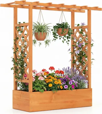 Produktbild von COSTWAY Blumenkasten, Pflanzkasten mit Rankgitter, Rankhilfe&hängendem Dach, Hochbeet für Kletterpflanzen,Sichtschutz Pflanzkübel 110x35x114 cm, Orange