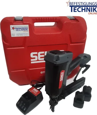 A nail gun, its charging station, two batteries, and a red carrying case are displayed against a white background.