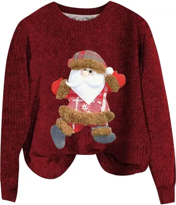 Produktbild von ASKSA Damen Lustige Weihnachtspullover Strickpullover Winter Rundhals Pulli Christmas Sweater Langarm Oberteile Warm Weihnachtspulli,D-Rot,S