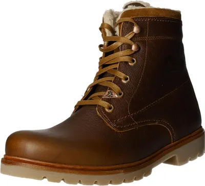 A single brown leather boot with tan laces and a tan sole, set against a white background.