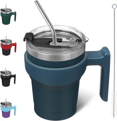 Imagen del producto de Vaso de acero inoxidable aislado con asa, de 300 ml, con tapa y pajita, ideal para llevar