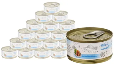 Produktbild von Dehner Premium Lovely Katzenfutter, Nassfutter glutenfrei, für ausgewachsene Katzen, Thunfisch / Reis, 24 x 70 g Dose (1.68 kg)