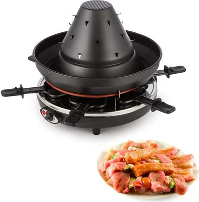 Produktbild von Klarstein Taste Volcano - Raclette, Tischgrill, Elektrogrill, Tartarenhut, 1500 Watt, stufenlos regelbar, Grillen, Überbacken, Grillpfännchen, für 6 Personen, Antihaftbeschichtung, schwarz