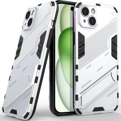 Two white phone cases are shown, one leaning against a phone with a green screen.