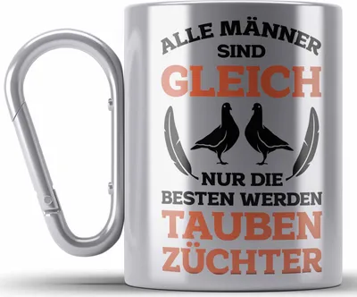Produktbild von Trendation - Taubenzüchter Geschenkidee Edelstahl Tasse Karabiner mit Spruch für Taubenbesitzer Geschenk Taubenliebhaber (Silber)
