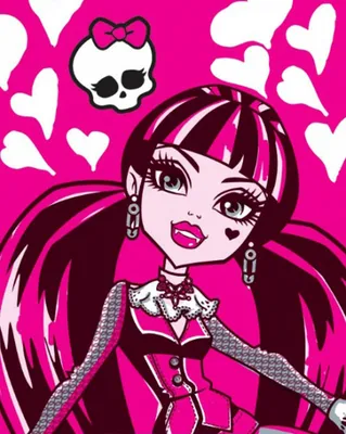 A cartoon illustration of a Monster High character, Draculaura, against a pink background with white hearts and a skull icon.