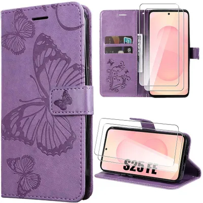 Image de Coque + 2 Verres Trempés pour Samsung Galaxy S25 FE, Protection Anti-Rayures Cuir Synthétique Violet Motif Papillon