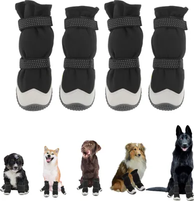 Produktbild von Hundeschuhe Wasserdicht Anti-Rutsch mit reflektierenden verstellbarem Klettverschluss Pfotenschutz Hund Outdoor für kleine mittlere große Hunde 4 Stück, Schwarz 6#, Breite 6cm