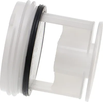 A close-up view of a white plastic washing machine lint filter with a black rubber seal.