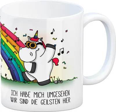 Produktbild von Honeycorns Kaffeebecher mit Einhorn Motiv und Spruch: Ich habe mich umgesehen,