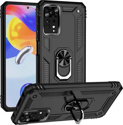 Produktbild von Conie Outdoor Schutzhülle für Xiaomi Redmi Note 11 Pro / Pro 5G Tasche Silikon Hard Case Cover Hülle mit Halter Ständer in Schwarz