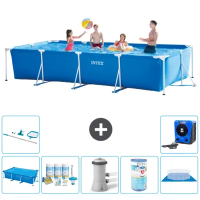 Produktbild von Intex-Schwimmbecken mit rechteckigem Rahmen – 450 x 220 x 84 cm – Blau – im Lieferumfang enthalten Sonnensegel - Wartungspaket - Filterpumpe für Schwimmbad - Filter - Bodenplane - Reinigungskit