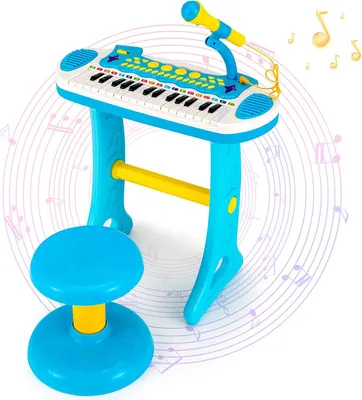 Produktbild von GOPLUS Kinderkeyboard mit 31 Tasten & Hocker, Elektronisches Keyboard mit Mikrofon, Aufnahme- und Wiedergabefunktion, Blinklichter, 22 DemosJahren (Blau)
