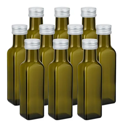 Produktbild von gouveo 10er Set Glasflasche 250 ml Maraska Antik mit Schraubdeckel silberfarben - Leere Flasche 0,25 l zum Befüllen - Glasflasche für Likör, Essig, Öl