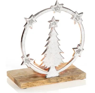 Zdjęcie produktu dla świecznik na tealight com-four® z motywem jodły - świąteczny świecznik z drewnianą podstawą - dekoracyjny świąteczny świecznik - świąteczna dekoracja