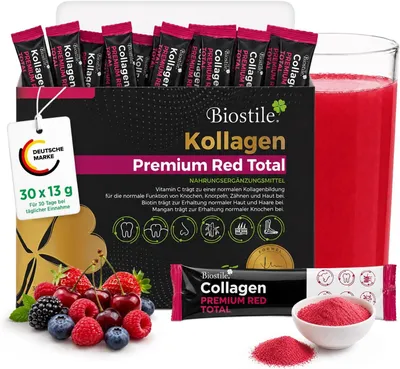 Produktbild von Biostile Collagen Premium Red Total – 30 Beutel mit 8600 mg hydrolysiertem Kollagen, Vitamin C, Curcumin, Shilajit, Zink, Kupfer, Biotin, Mangan und Silizium für Haut, Gelenke und Knochen