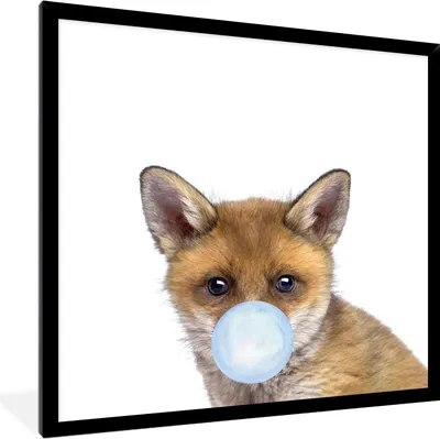 Produktbild von MuchoWow® Gerahmtes Poster Fuchs - Kaugummi - Blau - Jungen - Kinder - Fuchs 40x40 cm - Poster mit Schwarzem Bilderrahmen Wandposter Rahmen Foto Bilder - Mit Rahmen - Wanddekoration Schlafzimmer