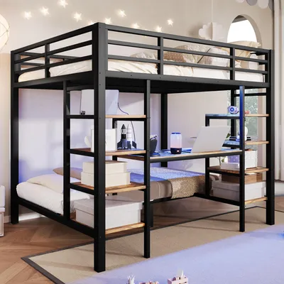 Produktbild von STILVORA Etagenbett 90x200/140x200 cm mit Metallbettgestell und LED-Beleuchtung, Metallbett mit Staufächern und USB/Type-C-Anschlüssen, Jugendbett ohne Matratze
