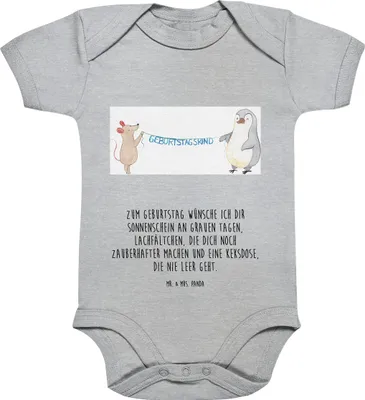 Produktbild von Mr. & Mrs. Panda babykleidung body Maus Pinguin Geburtstag 12. - 18. Monat - Heather Grey - Geschenk, Strampler Baby, Kurzarmbody, Babybody, overall, Happy Birthday