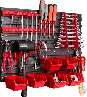 Zdjęcie produktu dla System przechowywania Półka ścienna 58x39 cm, uchwyty na narzędzia, 6 szt. skrzynek do układania luzem