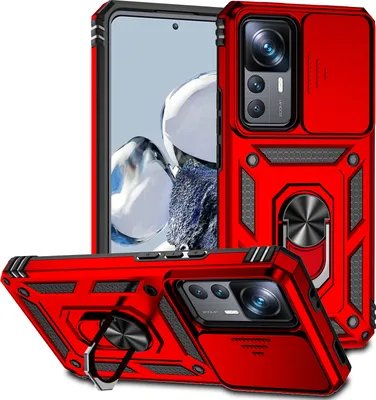Image de Etui pour Xiaomi 12T / 12T Pro / Redmi K50 Ultra étui double couche avec protection coulissante de l'appareil photo et anneau de support rouge
