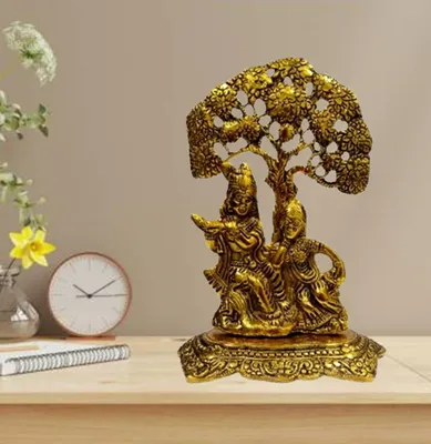 Radha-Krishna-Standbild unter Baum, Metall, gold, 7,5 Zoll, Deko