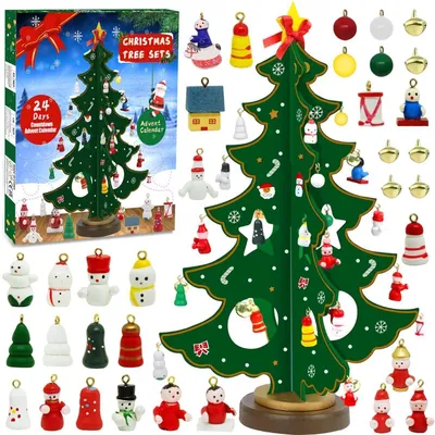 Immagine prodotto di Calendario dell'Avvento, albero di Natale, legno, conto alla rovescia di 24 giorni, 29 decorazioni, per bambini