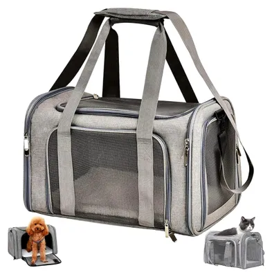 Produktbild von Transporttasche für Katzen und Hunde, faltbare Transportbox, tragbar, für mittelgroße Hunde und Katzen (M, Grau) L 43 x B 28 x H 28 cm