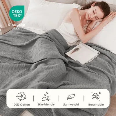 Obrázok produktu pre Muselínová deka 203x228,5 cm, 6-vrstvová, sivá, bavlna, pre posteľ
