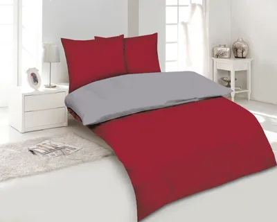 A bedroom scene with a bed made with red and silver bedding.