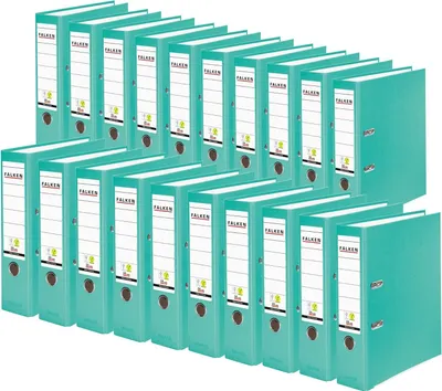 Produktbild von Original Falken 20er Pack PP-Color Kunststoff-Ordner.  Germany. 8 cm breit DIN A4 Pastell-Farbe türkis Ringordner Vegan Aktenordner Briefordner Büroordner Plastikordner Schlitzordner