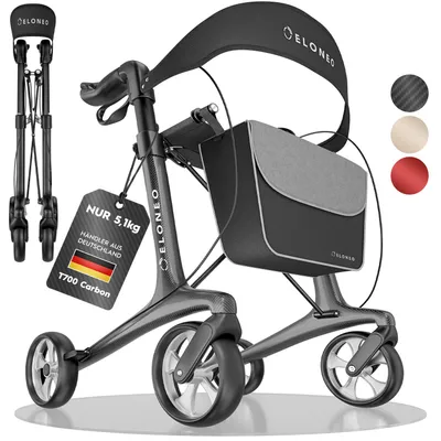 Produktbild von ELONEO Carbon Rollator faltbar und leicht mit Sitz, Leichtgewicht-Reiserollator, ultraleicht, Grau - Größe M