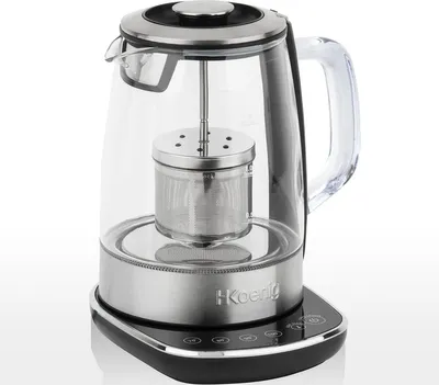 A close-up studio shot of an electric kettle with a glass body and a stainless steel tea infuser.