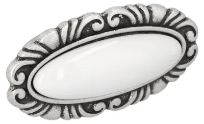 Image de Bouton pour meubles en zamac et Porcelaine Entraxe 32mm Vieil argent brillant