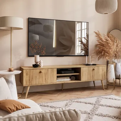 Living room with a TV, TV stand, floor lamp, and decorative items.