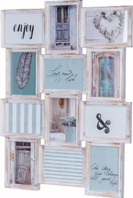 A collage of 12 framed photos, with a distressed white frame, featuring various images including text, feathers, doors, and striped patterns.