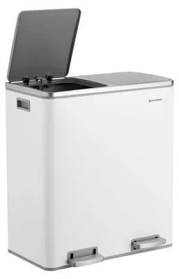 Image de Poubelle de 30 litres avec 2 compartiments, pour le tri des déchets, système de fermeture douce, étanche, de couleur blanche, dimensions : 58,6 x 32 x 65 cm
