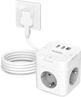 Productafbeelding van Allocacoc 6 in 1 stekkerdoos cube met USB C - 3 Voudige Stopcontacten platte stekker met Individuele - Powercube met 2m kabel