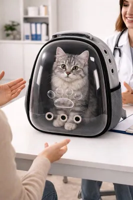 Imagen del producto de Mochila de transporte para mascotas Unyqoos® "The Astronaut", cápsula espacial: transparente, color gris espacial, 42 x 32 x 24 cm, para gatos y perros pequeños, fabricada con tela Oxford 600D con revestimiento de PVC