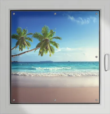 Produktbild von Wallario Lichtschutzbild, Dekorativer Sichtschutz Sonnenschutz 96 x 100 cm mit Motiv: Sandstrand auf den Seychellen - Urlaub unter Palmen - Verdunklung ohne Bohren