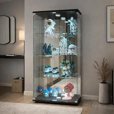 Immagine prodotto di Vetrina verticale chiudibile a chiave, con illuminazione a LED e retro a specchio, 2 ante, 4 ripiani, colore nero
